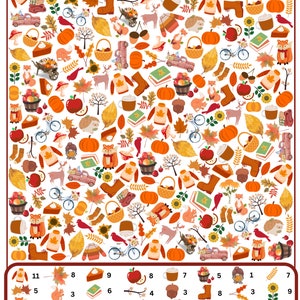 May include: A colorful 'I Spy' game with a fall theme. The image is filled with autumn-themed objects like pumpkins, leaves, acorns, and a red truck. The game includes a grid with numbers and a list of items to find.