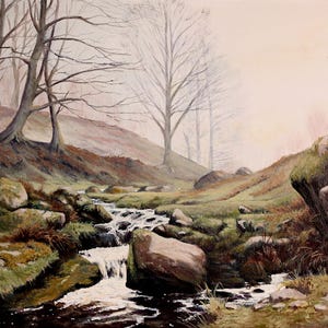 May include: An oil painting depicts a serene landscape with a stream flowing through a valley. Bare trees line the hillsides, and the foreground features rocks and moss. The sky is a soft, muted color, and two birds are flying in the distance.