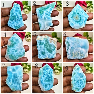 Può includere: Nove pezzi di pietra larimar grezza, ognuno con motivi unici di blu e bianco. Le pietre variano nella forma, alcune con bordi appuntiti e altre più arrotondate. Il larimar è presentato su uno sfondo scuro con accenti floreali.