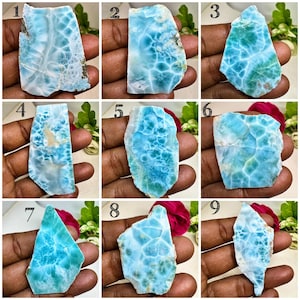 Puede incluir: Nueve piezas de piedra preciosa de larimar en bruto, cada una con un patrón único de remolinos azules y blancos. Las piedras varían en forma y tamaño, con algunos toques de verde. El larimar se muestra sobre un fondo de follaje verde y flores rosas.