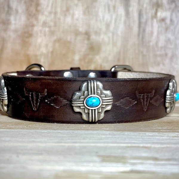 WESTERN dog collar, Aztec dog collar, bling dog collar, tribal dog collar, tooled dog collar, custom leather dog collar, Dog gift