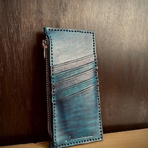 Cartera de piel azul, tarjetero, cartera unisex, cartera minimalista, regalo para ella, regalo para él