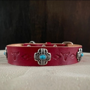 WESTERN dog collar | AZTEC dog collar, bling dog collar | red dog collar | tooled dog collar | custom leather dog collar | Dog gift