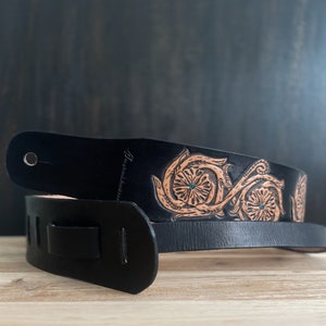 Black leather guitar strap |Tooled Guitar strap | Acoustic strap | Custom guitar strap | Western guitar strap | Guitar strap | Unique gift