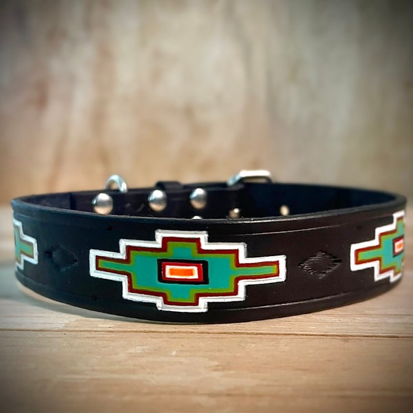 AZTEC dog collar, Leather dog collar, Southwestern dog collar, Western dog collar, black leather dog collar, dog gift