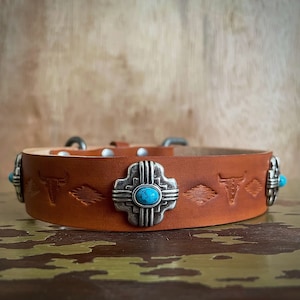 WESTERN dog collar, Aztec dog collar, bling dog collar, tribal dog collar, tooled dog collar, TAN leather dog collar, Dog gift