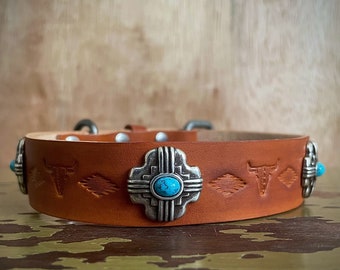 WESTERN dog collar, Aztec dog collar, bling dog collar, tribal dog collar, tooled dog collar, TAN leather dog collar, Dog gift