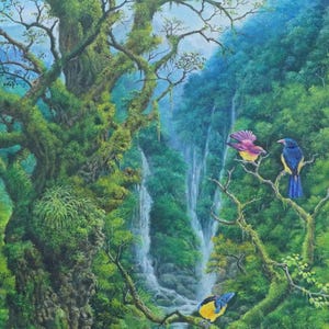 May include: A detailed oil painting of a lush tropical rainforest featuring a large, moss-covered tree in the foreground. A stream flows through the center toward a distant waterfall. Three colorful birds are perched on branches in the scene.