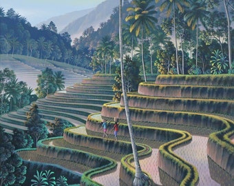 バリ島の棚田の油絵 - ウブドの風景画 - Etsy 日本