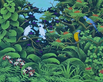 May include: A painting of a lush green jungle scene with four parrots. Two white parrots are perched on a branch in the center of the painting, while two blue and yellow parrots are perched on branches in the upper right corner. The jungle is filled with green leaves and flowers.