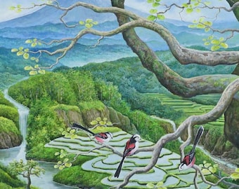 Emerald Valley Harmony – Rice Terraces, Waterfall & Birds | Bali Landscape Painting