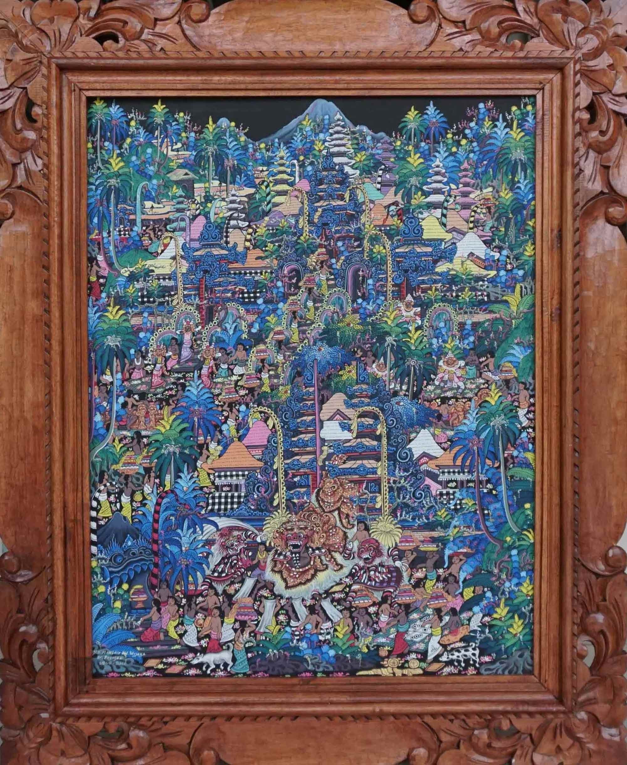 油彩 キャンバス 彫刻額縁 寺院の祭りバリ島 美術品・アンティーク