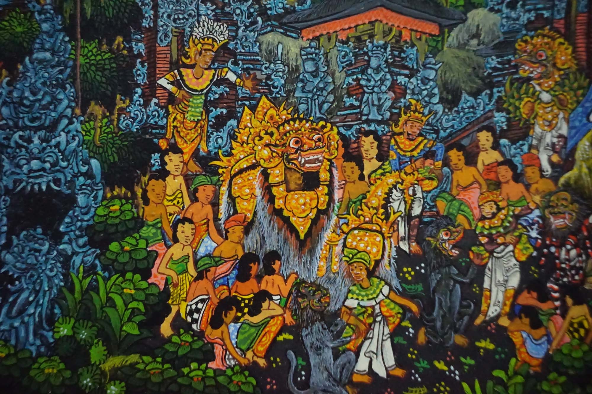 バリ　ウブド　バロン　絵画 バリ絵画 バロンの祭列 イ・クトゥッ・ソキ（I Ketut Soki） 額付き A