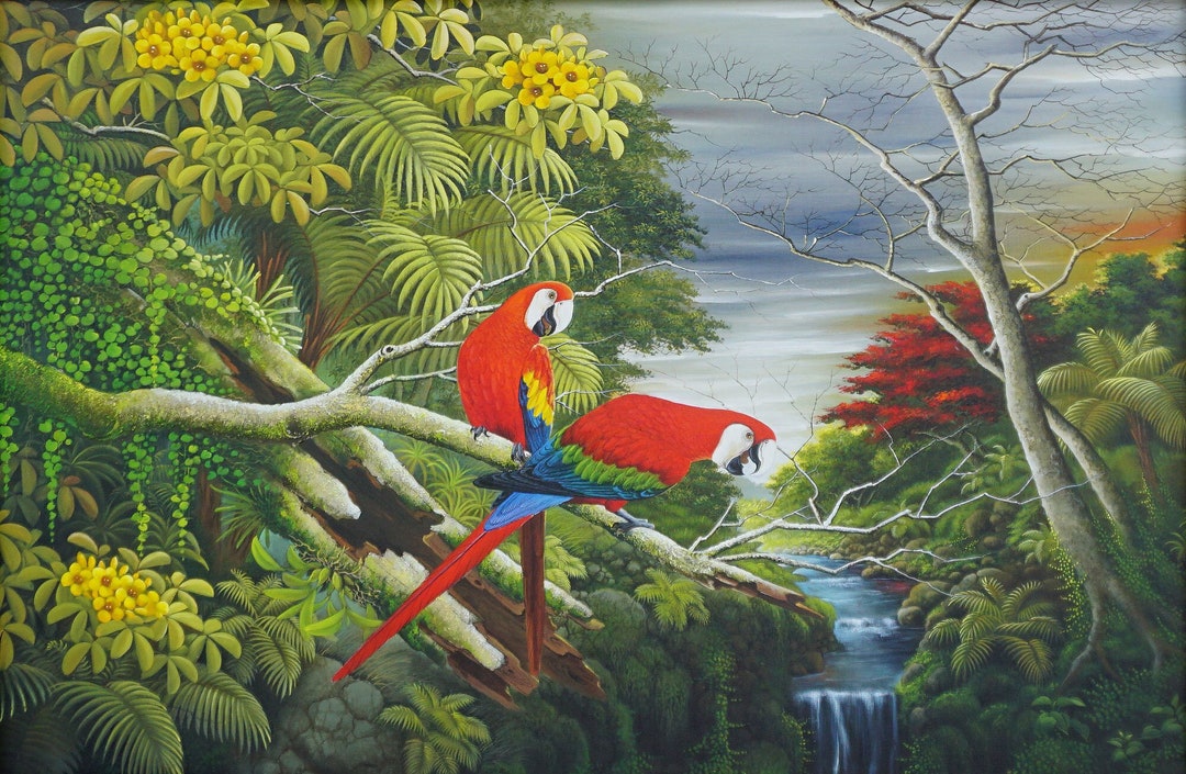 コンゴウインコ　絵画 アカコンゴウインコの油絵：ジャングルの鳥のオリジナルアート - Etsy 日本