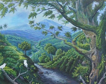 Serenity of Bali Valley – Handcrafted Tropical Landscape with River & Mount View