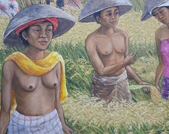 バリ島  絵画［農作業］ バリ絵画 風景画 稲刈り W53×H43 田園 L-6 アジアン ウブド