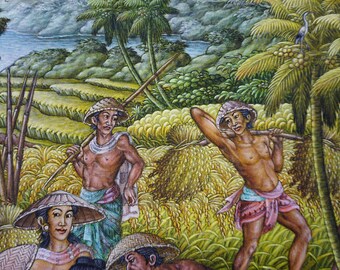 バリ島  絵画［農作業］ Rice Harvest Painting - Original Balinese Landscape - Wall Art - Etsy