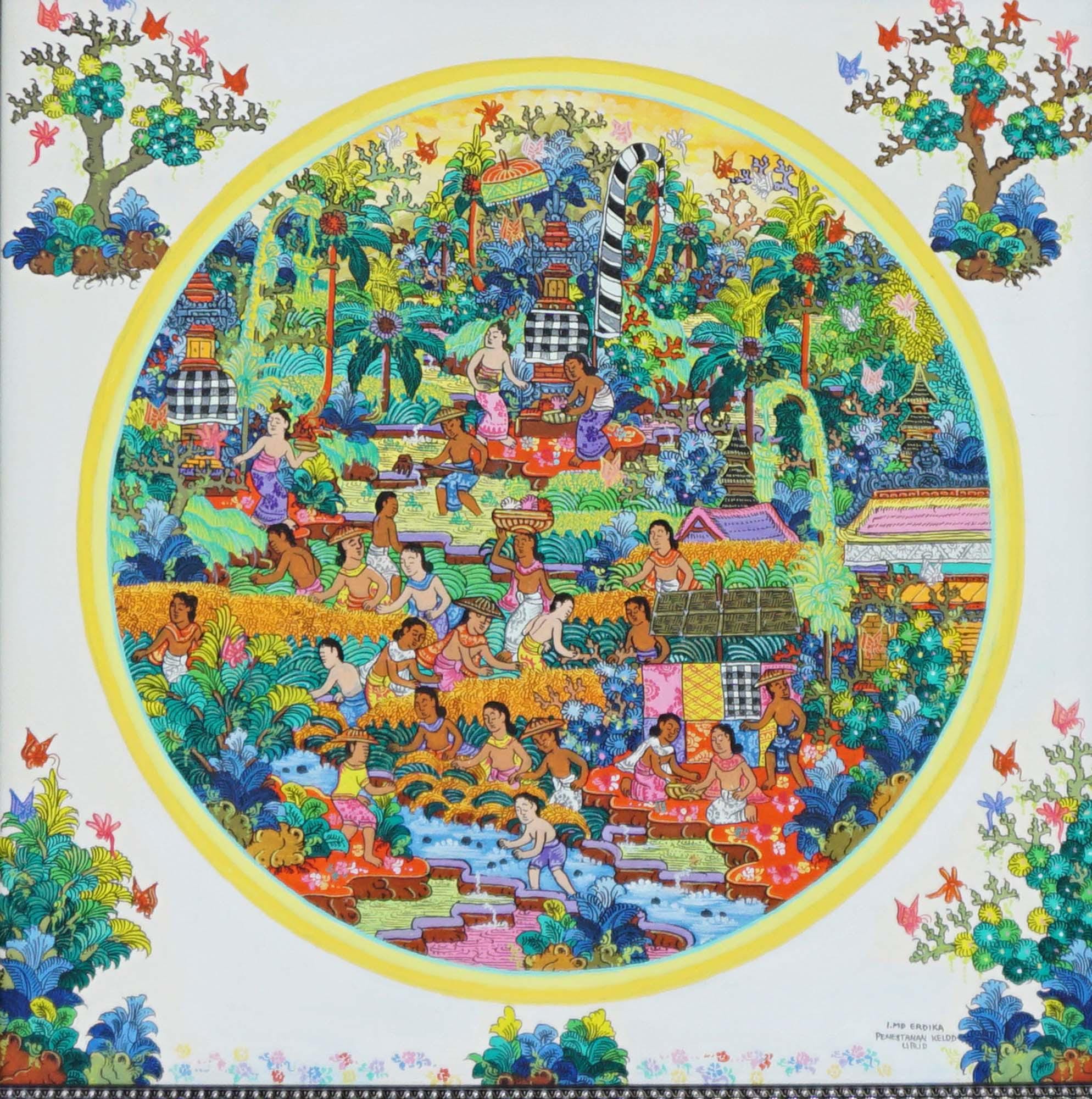 Balinese Harvest Painting - Traditional Village Life Acrylic Art