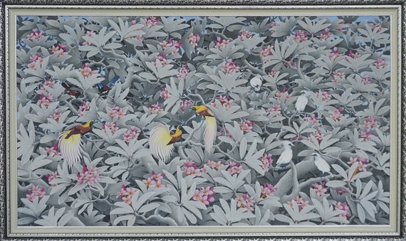 バリの民芸品♡額入り絵画　美品 バリ絵画 鳥 バリ島 ウブド 絵画 白サギ 白鷺 サラサギ 縁起物 バリ