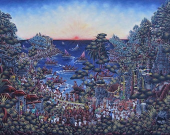 May include: A colorful painting depicting a scene of a bustling village with a large crowd of people gathered near a body of water. The water is filled with boats and the sky is a vibrant blue with a pink and orange sunset in the distance.