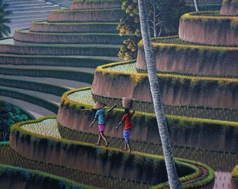 絵画　熱帯の棚田風景　油彩画 絵画 熱帯の棚田風景 油彩画
