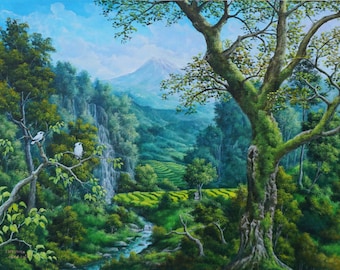 May include: A painting of a lush green landscape with a waterfall, a river, and a mountain in the background. Two white birds are perched on a branch in the foreground.