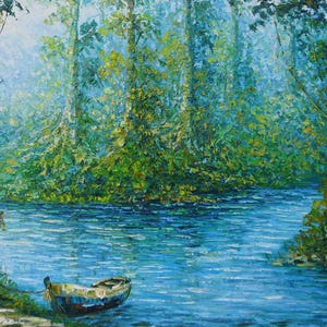 Serene Lake in the Forest Landscape Painting, Home Decor