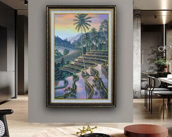バリ、ウブドゥの棚田 油彩画、特注額縁 バリ島の棚田の油絵 - ウブドの風景画 - Etsy 日本