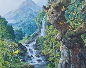 May include: A painting of a lush green forest with a waterfall cascading down a mountainside. A large tree with a thick trunk and branches extends over the scene. Two small birds are perched on branches in the foreground.