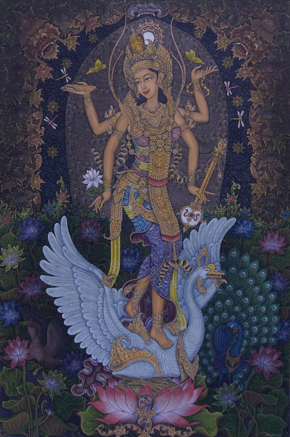 バリ絵画 女神サラスワティ 手描きのサラスワティ女神の絵画 - バリの