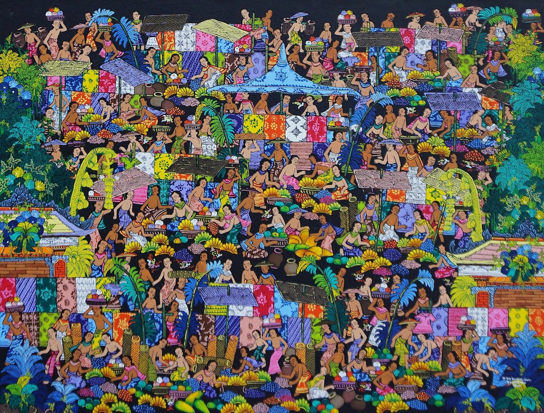 バリ芸術　絵画　送料込み価格 バリ島の市場を描いた油絵 - オリジナルの日常生活アート - Etsy 日本