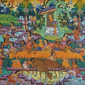 May include: A colorful painting depicting a bustling scene of people working in a rice paddy field. The painting is filled with vibrant colors and intricate details, showcasing the traditional Balinese culture.
