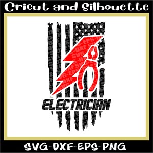 May include: A black and red digital design featuring a distressed American flag with a lightning bolt and pliers, and the text "ELECTRICIAN".