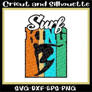 May include: A digital design featuring a silhouette of a surfer riding a wave with the text "Surf King" in a retro style with orange, yellow, blue and green stripes.