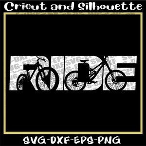 Bicicleta de montaña SVG, Mtb SVG, Archivos Mtb SVG, Bicicleta "RIDE", Descenso, Ciclismo EPS, DXF, SVG, PNG, Cricut, Silueta