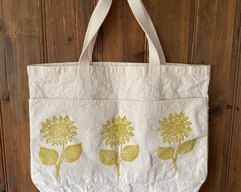 Yellow Sunflower Tote bag with pockets, 16x19.