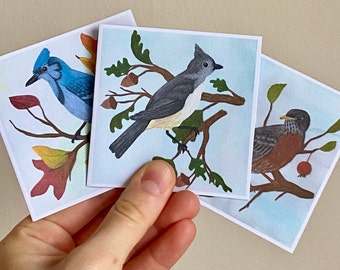 Birds in Autumn - Mini Note Card Set - Set of 3 Mini Note Cards