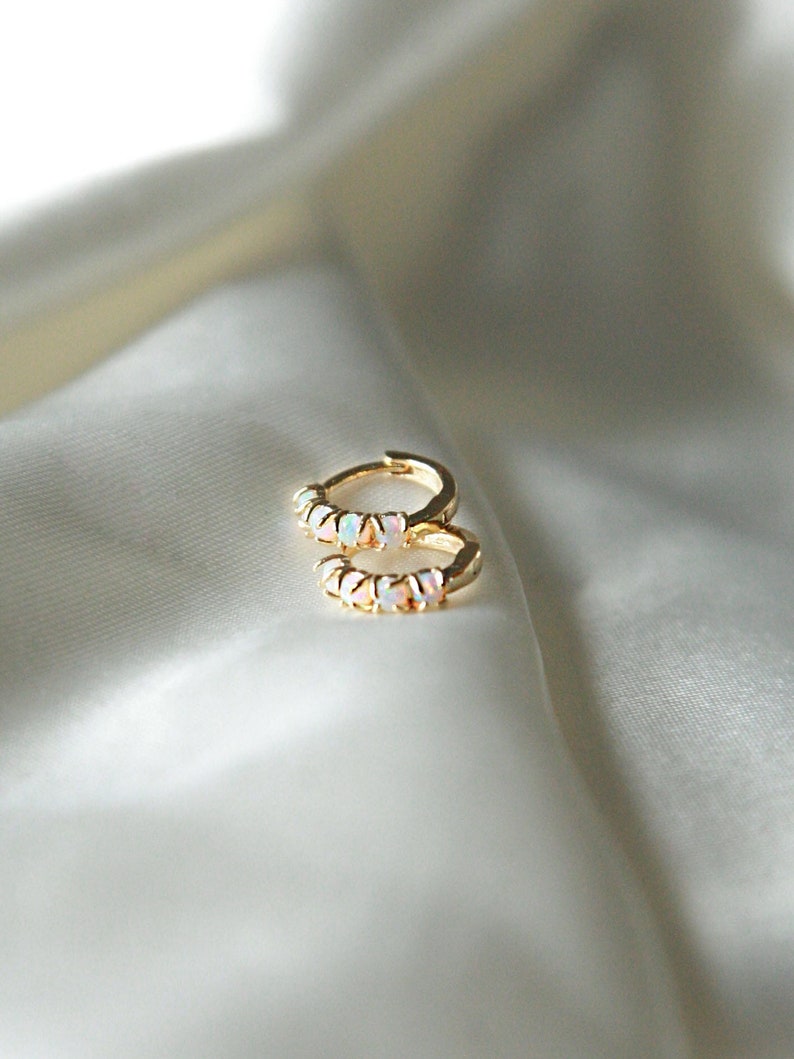 Opal encrusted 24k gold huggie hoop earrings