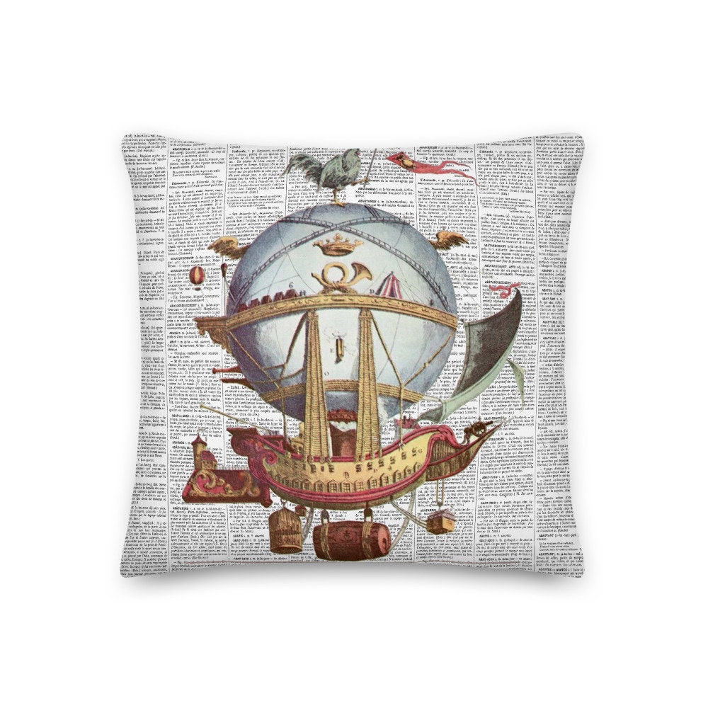Coussin Décoratif Style Vintage en Tissu Imprimé Montgolfière La Minerve