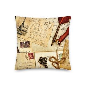 Coussin décoratif style vintage en tissu imprimé Cartes postales anciennes