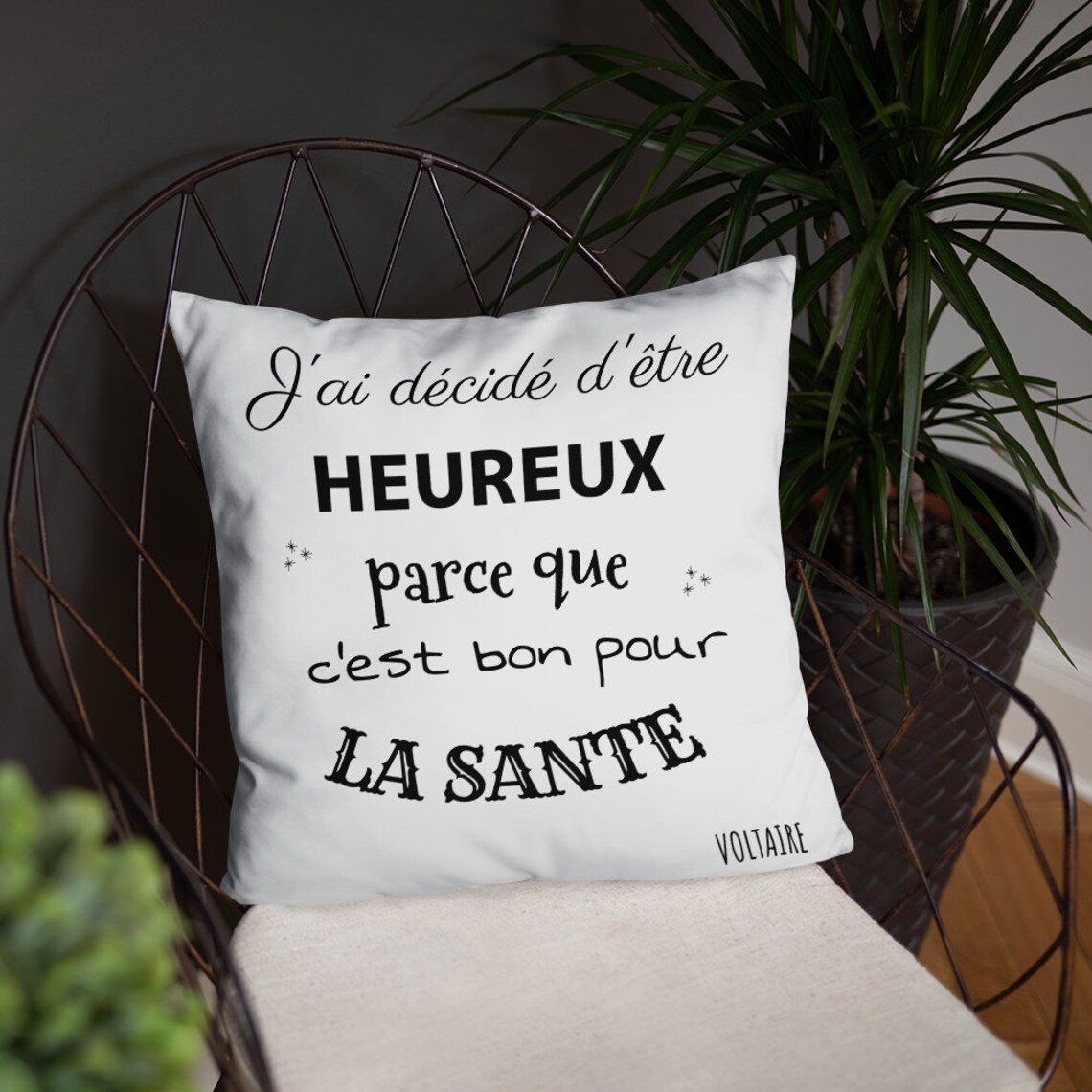 Coussin décoratif en tissu imprimé citation bonheur Voltaire Etsy France
