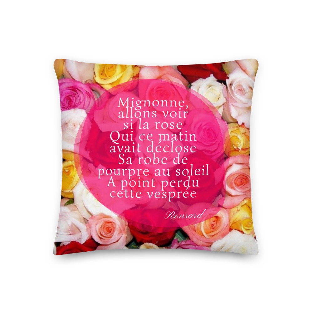 Coussin Littéraire Décoratif en Tissu Imprimé Ronsard Mignonne Allons Voir Si La Rose