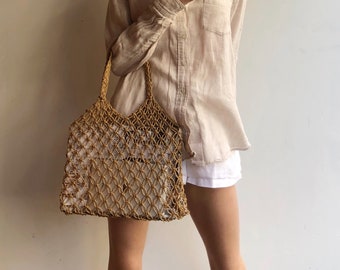 Handmade Macrame Straw Bag: Boho Tote Handbag