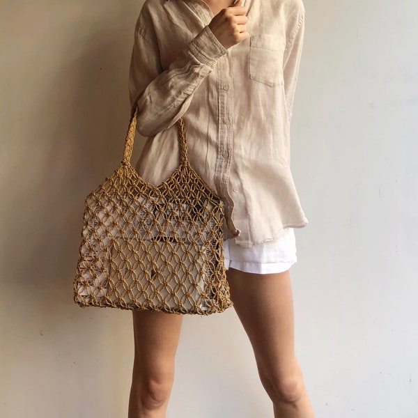 Handmade Macrame Bag | Macrame Straw Handbag | Boho Bag