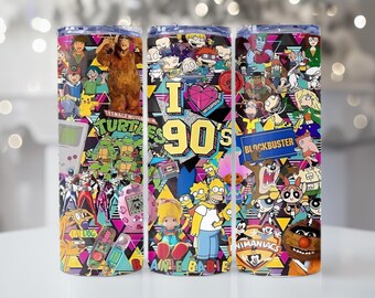 May include: Three colorful stainless steel tumblers with a 90s theme. Each tumbler features a collage of popular 90s cartoon characters, video games, and other nostalgic imagery. The tumblers are decorated with bright colors, including pink, blue, yellow, and green.