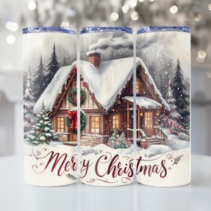 Merry Christmas snowy cabin 20 oz tumbler