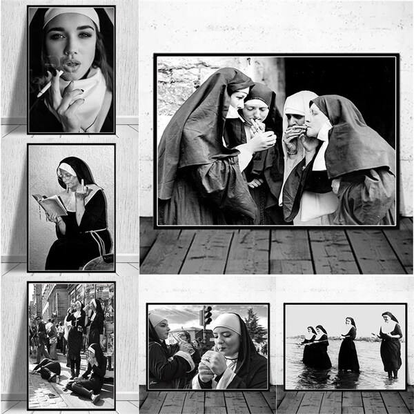 Black and White Character Poster Prints Smoking Nuns Canvas Painting Funny Bad Nuns Wall Art Pictures for Living Room Home Decor (No Frame)