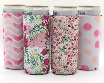 Neoprene Slim Can Cooler Sleeves - 12 OZ Drinks - Skinny Insulators for Beer, Seltzers, Energy Drinks - 4 Pack Colored Pattern Sets