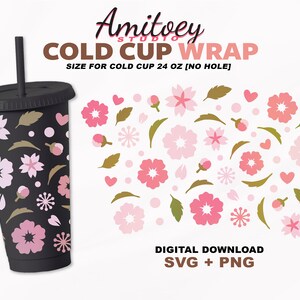 Pink Sakura [Kein Loch] SVG Full wrap, Sakura Flowers Blossom für Cold Cup 24 Oz | SVG-, PNG-, Dxf-Dateien Digitaler Download.