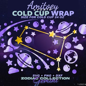 Gemini Zodiac Galaxy SVG Volledige wrap, Universe Sky Star Saturn voor Cold Cup 24 Oz | SVG, PNG, Dxf-bestanden digitale download.